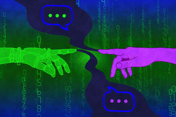 Human and robot hands connecting and communicating online