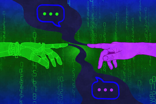 Human and robot hands connecting and communicating online