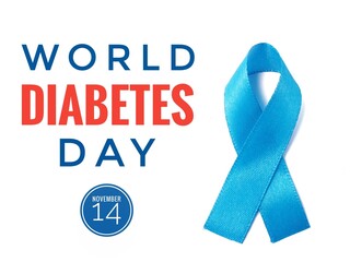 Poster for world diabetes day, celebrated on november 14, with text and a blue ribbon on a white...