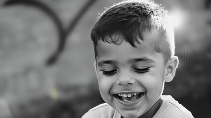 A black and white closeup of a teenage boy his dimpled on full display as he laughs uncontrollably. The background is a graffiticovered wall giving a youthful and rebellious vibe.