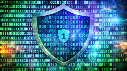 Cyber Security Shield with Binary Code Background