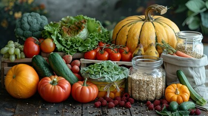 Fresh Harvest Display of Colorful Vegetables and Fruits in Rustic Setting. Generative AI