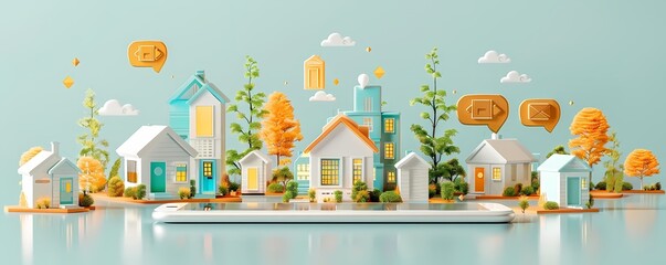 Fototapeta premium Colorful miniature houses on mobile device representing modern real estate and smart home technology with orange chat bubbles.