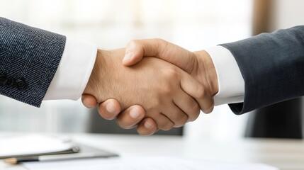 A detailed shot of a successful sales negotiation, with a handshake and signed contract in a modern office, high-resolution photo, realistic photo