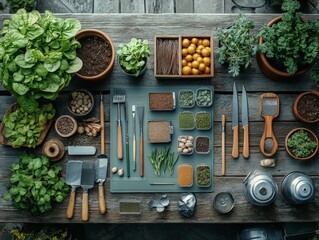 Gardening Tools and Seed Packets on Rustic Table - Top-Down View of Agricultural Equipment and Seeds for Planting