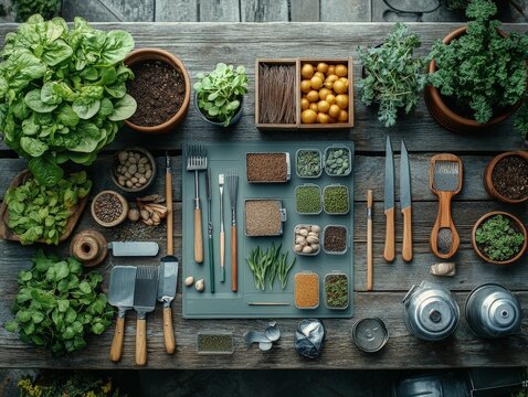 Gardening Tools and Seed Packets on Rustic Table - Top-Down View of Agricultural Equipment and Seeds for Planting