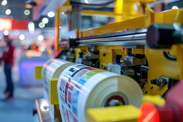 A close up sophisticated industrial machine designed for printing mockup white labels, showcasing a colorful print roll