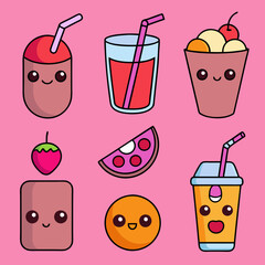 Icon Collection Featuring Food and Drink Illustrations of Fresh Beverages and Fruits, food and drink, food and drink icons, set of juice, set of fruit and juice, set of juice and fruits 