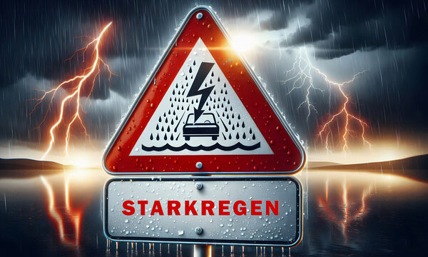 Hinweisschild mit dem Text "Starkregen" und Blitzen