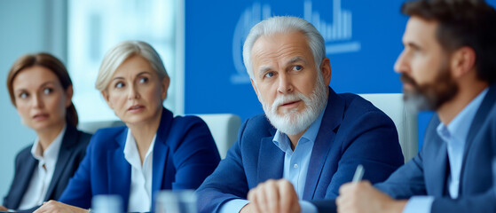 Fototapeta premium Mature executive with white beard and glasses leads a board meeting. Three attentive colleagues listen. Charts and data in the background emphasize corporate decision making.