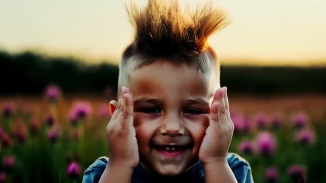 A young boy with a playful and messy mohawk making a silly face while standing in a field of wildflowers.