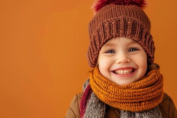 A joyful child in a knitted hat and scarf beams against a warm autumn orange background