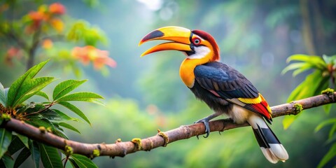 Obraz premium Majestic hornbill bird with vibrant plumage perched on a tree branch, hornbill, bird, wildlife, nature, colorful, feathers