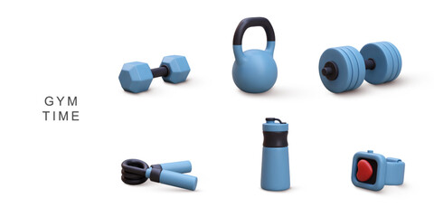 3d realistic set gym time on white background. Vector illustration.