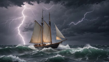 Fototapeta premium A sailboat caught in a sudden summer storm, with lightning illuminating the dark sky, heavy rain pouring down, and turbulent waves crashing against its hull. 