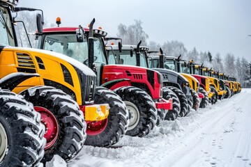 A row of colorful tractors parked side by side on snow, showcasing agricultural machinery in wintertime