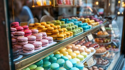 Colorful Macarons Displayed in a Bakery Shop Window