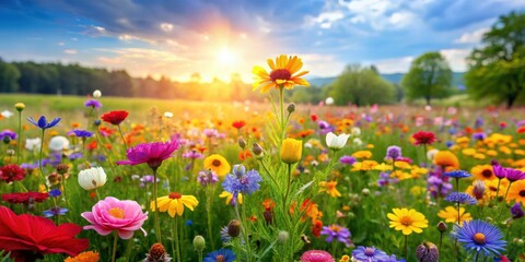 Fototapeta premium Vibrant meadow bursting with colorful blooms , flowers, fields, meadow, nature, blooming, colorful, vibrant, spring