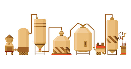 Brewery. Vintage brewing machine concept with tubes and copper tanks. Beer making process equipment, machinery symbol suitable for game asset, infographic or book print. Isolated vector illustration