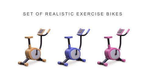 3d realistic set exercise bikes. Vector illustration.