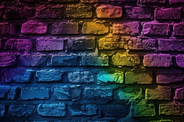 Fototapeta premium Abstract neon rainbow color painted colored damaged rustic brick wall brickwork texture background