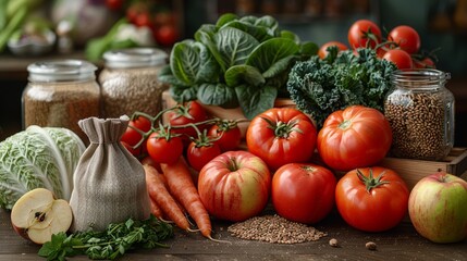 Freshly Harvested Vegetables and Fruits Displayed on a Rustic Wooden Table. Generative AI