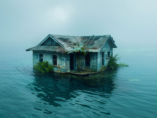 Obraz premium a small wooden house floating on the ocean. The house has a grass roof and is surrounded by water.