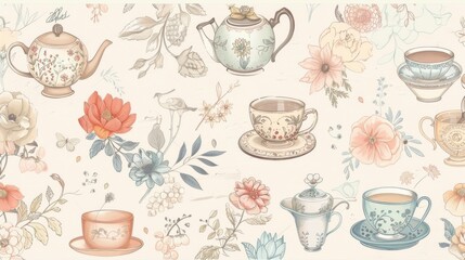 Vintage Floral Tea Party Set Illustration