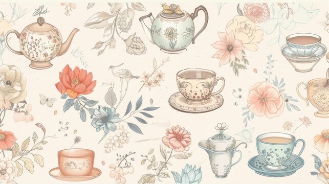 Vintage Floral Tea Party Set Illustration