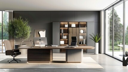 Modern office interior design with large windows and desk.