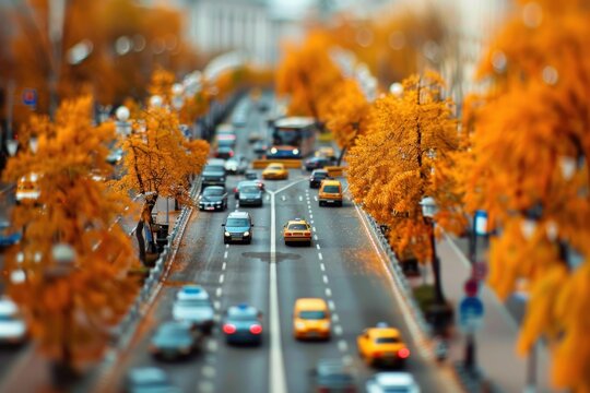 autumn people traffic busy city with a tilt-shift miniature effect