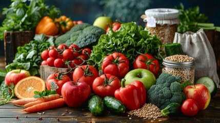 Vibrant Display of Fresh Vegetables and Fruits at a Rustic Farmers Market Stall. Generative AI