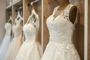 Naklejka premium Beautiful elegant luxury bridal dress. White wedding dresses hanging on mannequins in bridal shop