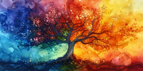 A Vibrant Tree of Life Illustrated in an Enchanting Abstract Watercolor Style Perfect for Art Lovers