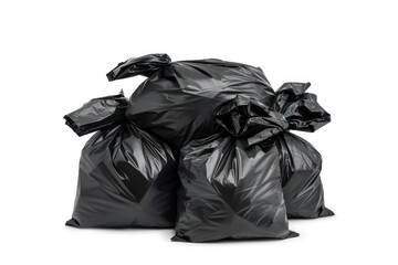 Black garbage bags big stack. Pile of trash, black bags for recycling isolated on white background