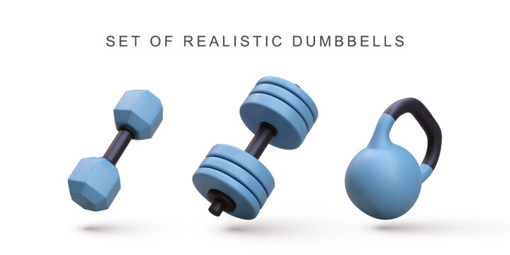 3d realistic set dumbbells on white background. Vector illustration.