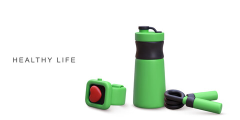 3d fitness bracelet, Shaker water bottle and Carpal expander. Vector illustration.