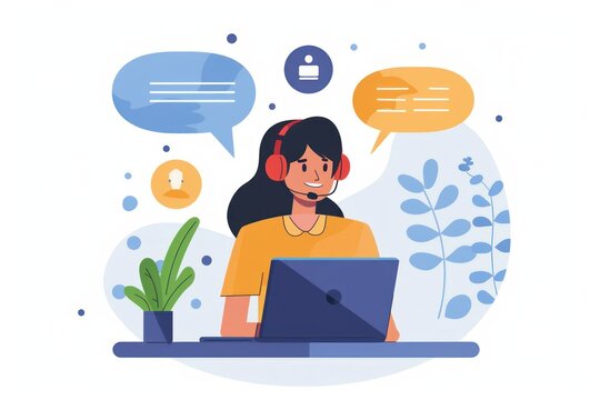 Call center specialist, help desk service operator talking with client