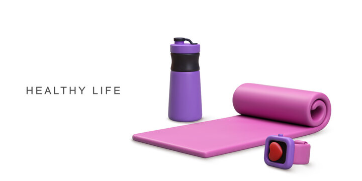 3d realistic fitness bracelet, Shaker water bottle and yoga mat. Vector illustration.