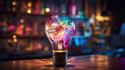 a colorful glowing idea bulb lamp, visualization of brainstorming and creative thinking