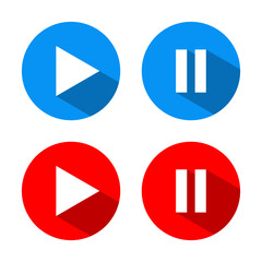 Play and pause button icon with long shadow. Media player elements