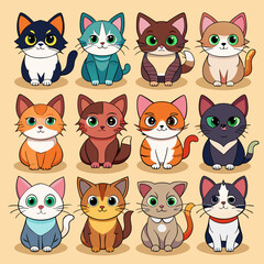 Set of Cats: Silhouettes, Patterns, and Funny Cartoon Cats - Diverse Collection of Feline Designs and Illustrations, set of cats, set of cats silhouettes,, pattern with cats, set of funny cartoon cats