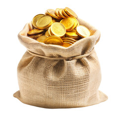 cotton bag full of gold coins isolated on white background , png format