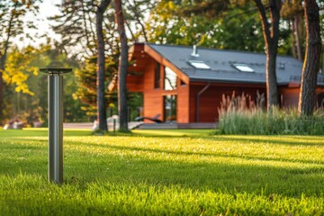 Obraz premium Modern Outdoor Lamp in Green Garden with Wooden House Background