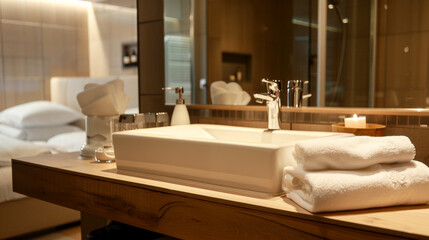Modern Hotel Bathroom Interior with Cozy Bedroom Reflection