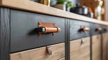 Modern Wooden Drawer with Leather Handle Close-Up