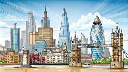 Naklejka premium A detailed sketch of London cityscape with iconic landmarks, London, city, skyline, drawing, artwork, architecture, urban