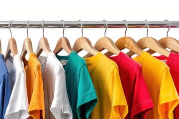 Fototapeta premium close up collection of colorful t-shirts hanging on wooden clothes hanger in closet or clothing