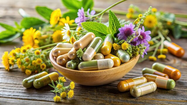 Natural herbal supplements in pill form made from a blend of herbs and flowers, integratori, pillole