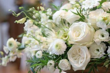 Obraz premium Coffin with a white flower arrangement close up, funeral arrangement